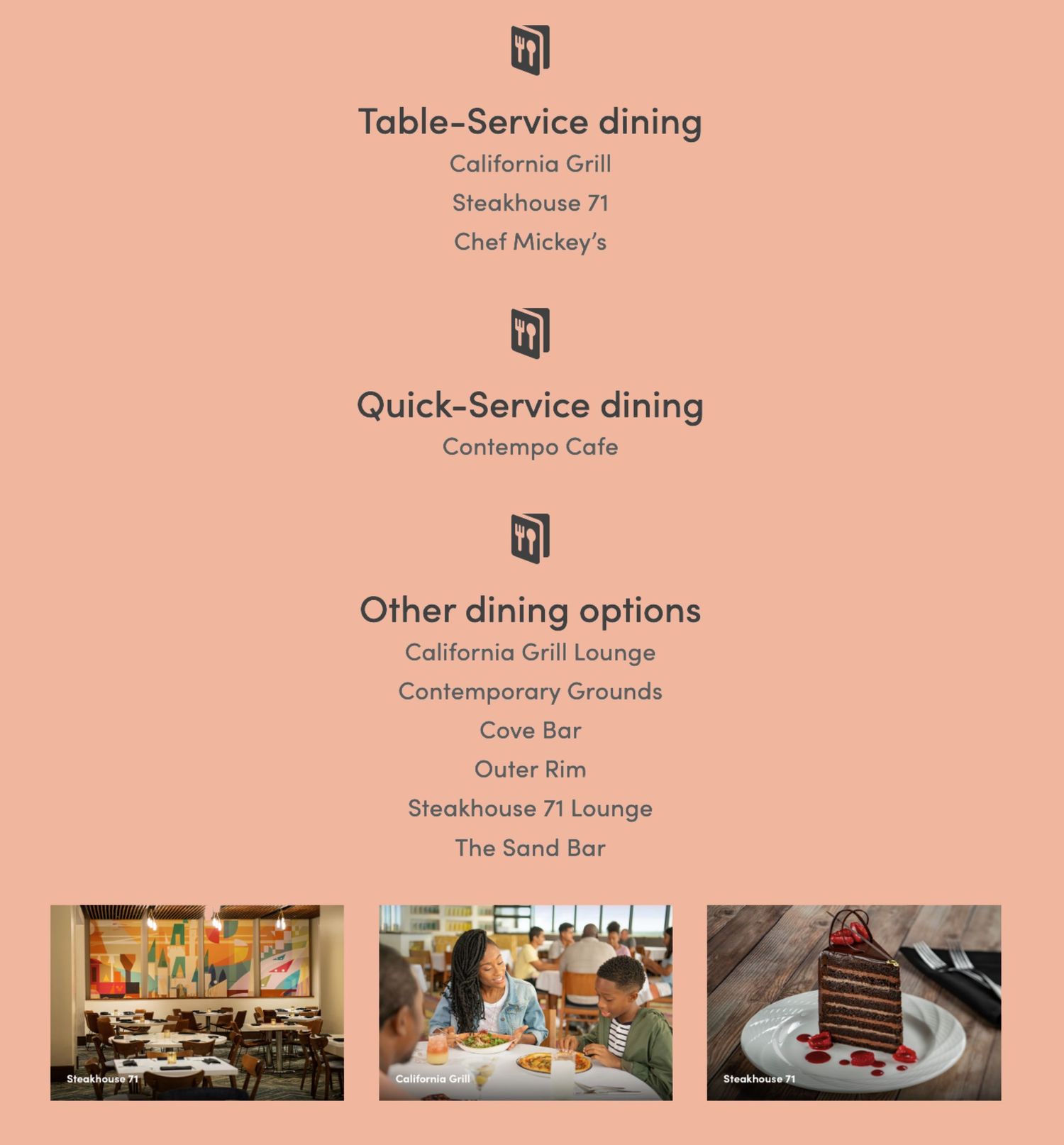 Restaurant menu displaying dining options at a resort with food photography.