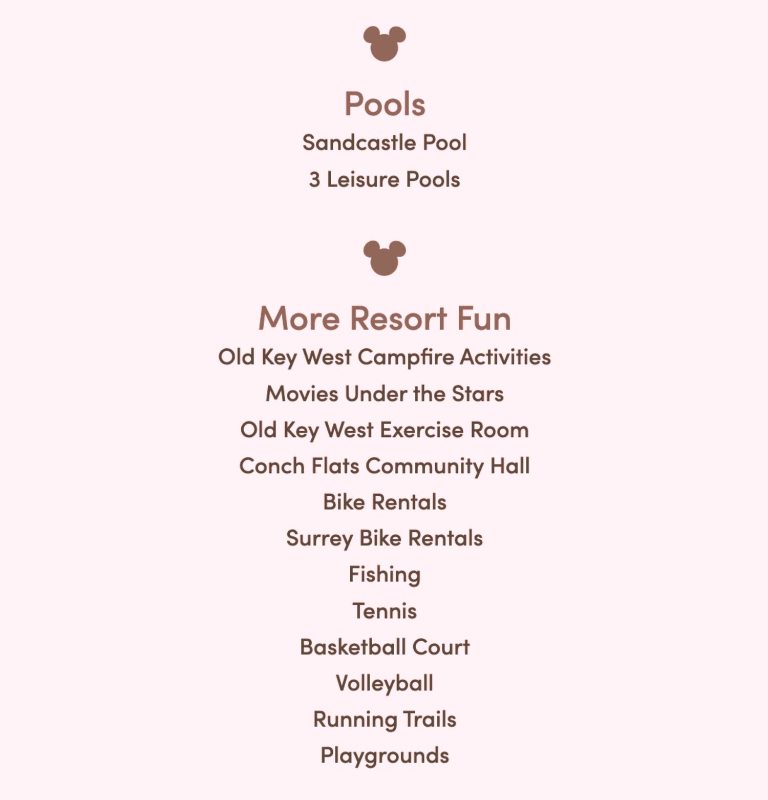 Resort amenities menu showing pool options and recreational activities.