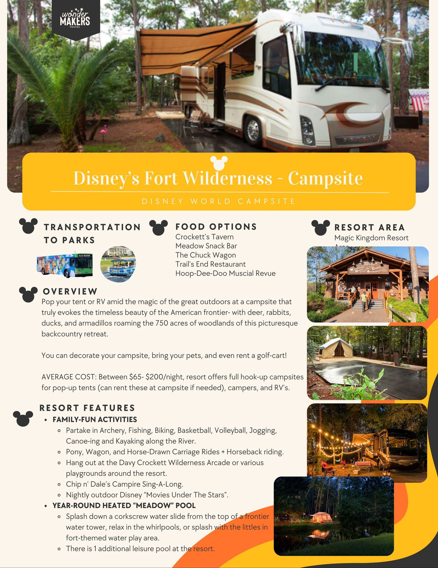 Detailed campsite information guide for Disney's Fort Wilderness with RV and activity photos.