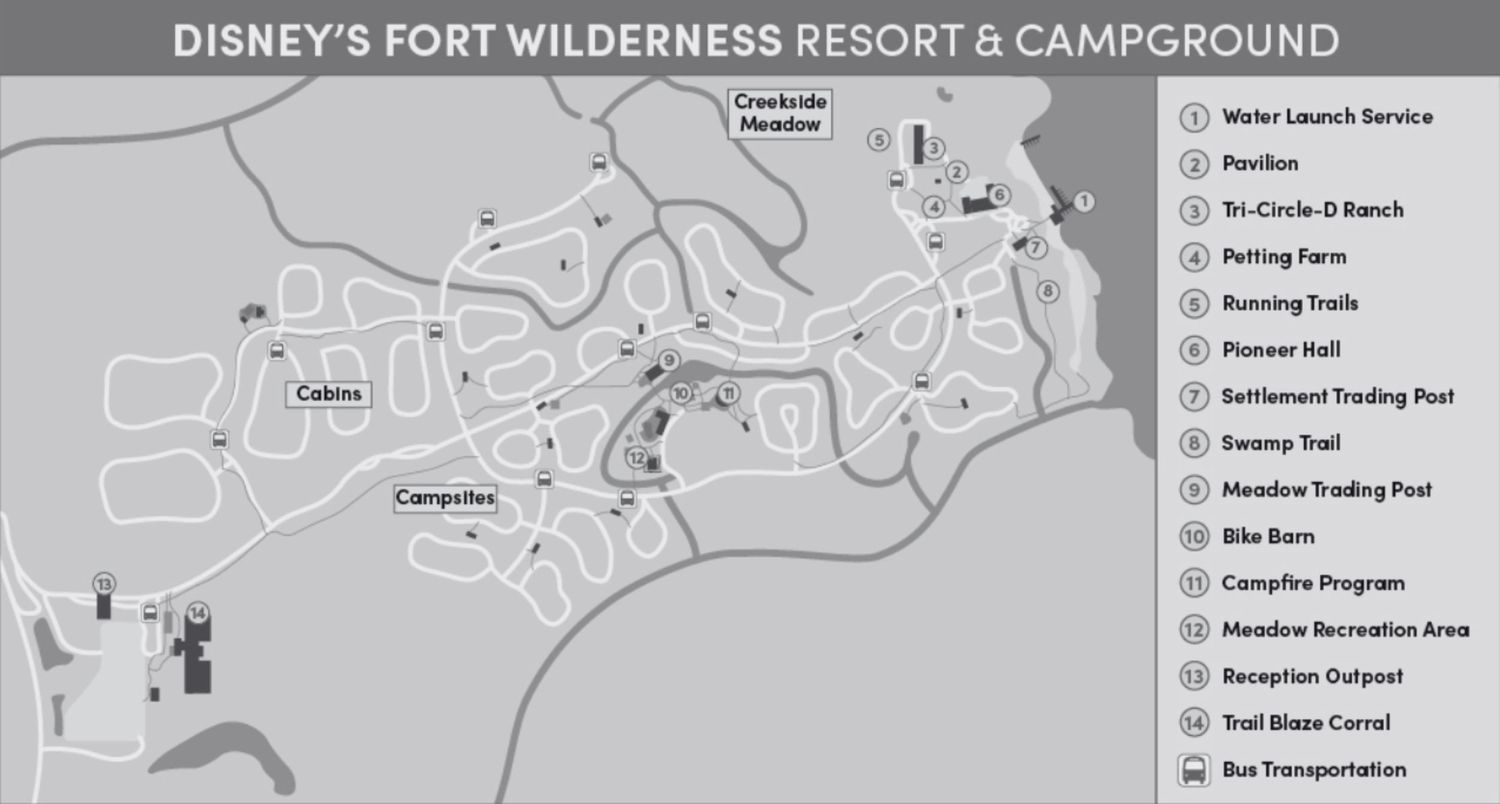 Detailed map layout of Disney's Fort Wilderness Resort and Campground amenities in grayscale.