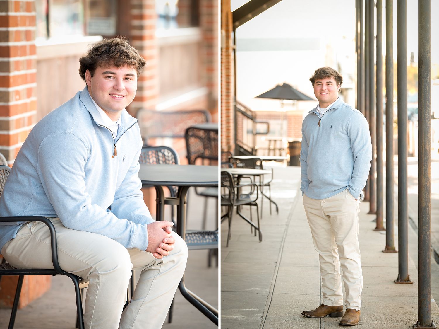 Teen boy in light blue pullover poses for casual senior portraits on outdoor patio.
