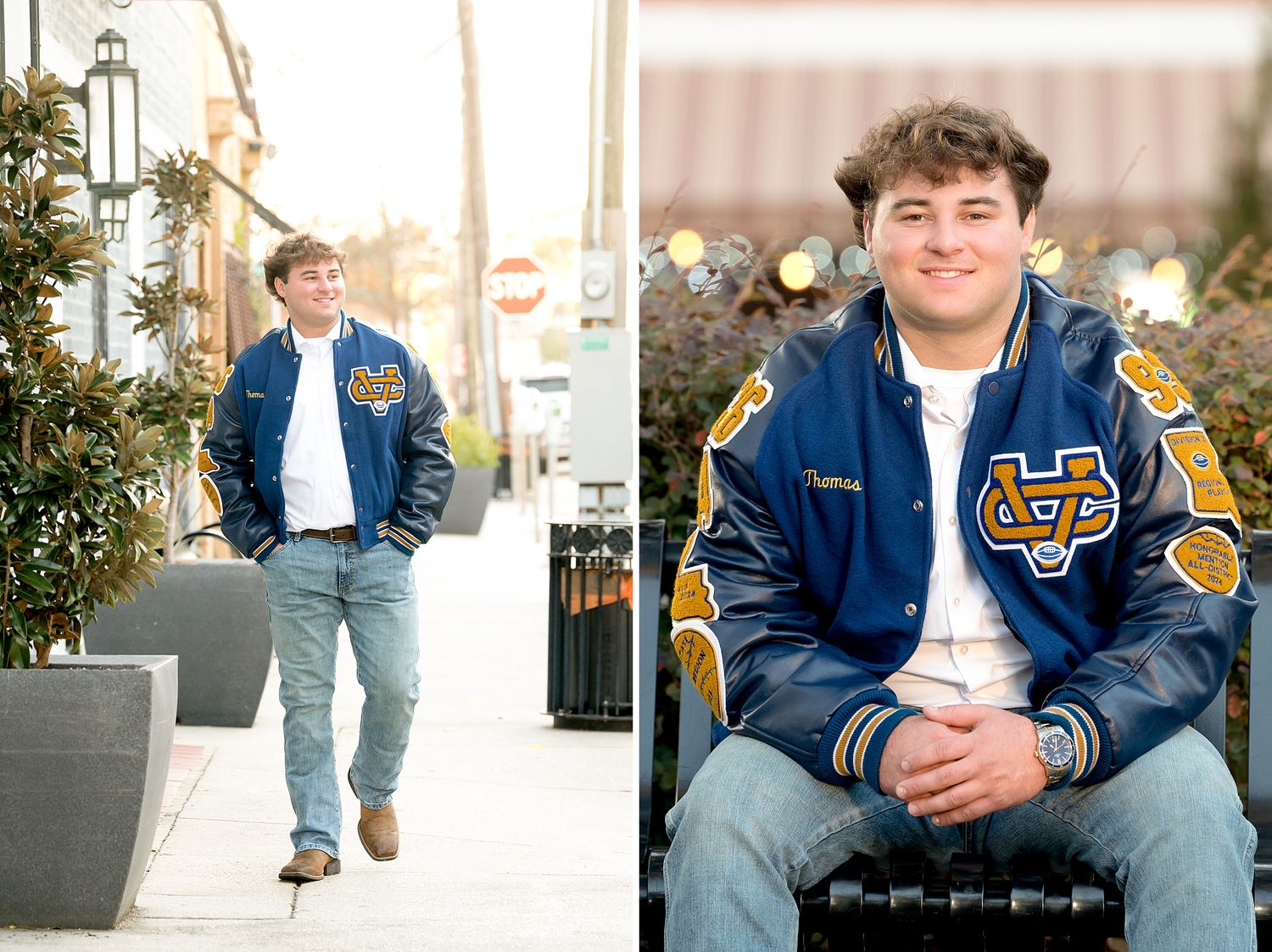 Teen boy in navy and gold varsity letterman jacket poses outdoors on a city sidewalk for senior portraits.