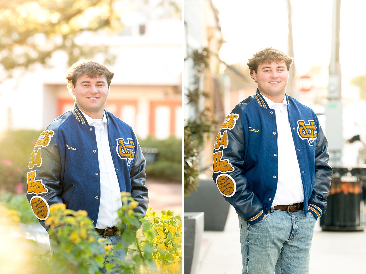 High school senior in blue varsity letterman jacket posing outdoors in dual portrait.