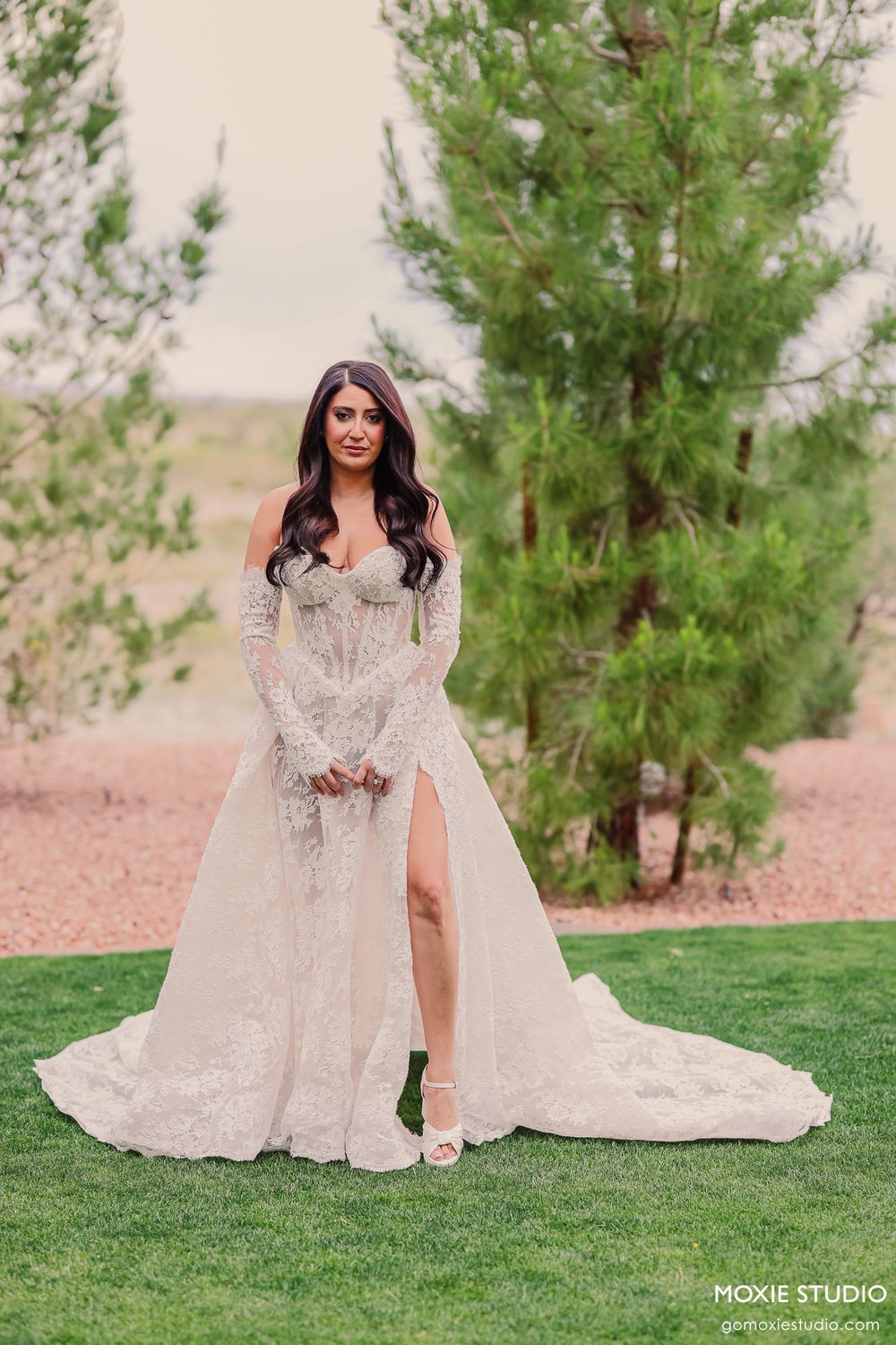 Bride in elegant long-sleeve lace wedding gown with train standing on green lawn near pine trees.