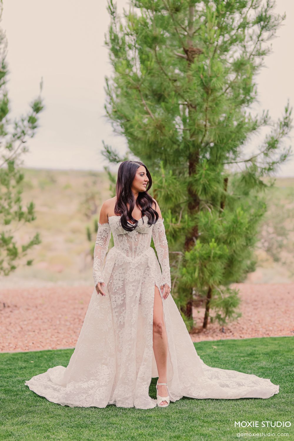 Bride in elegant off-shoulder long-sleeve lace wedding gown with train stands on lawn beside tall pine tree.