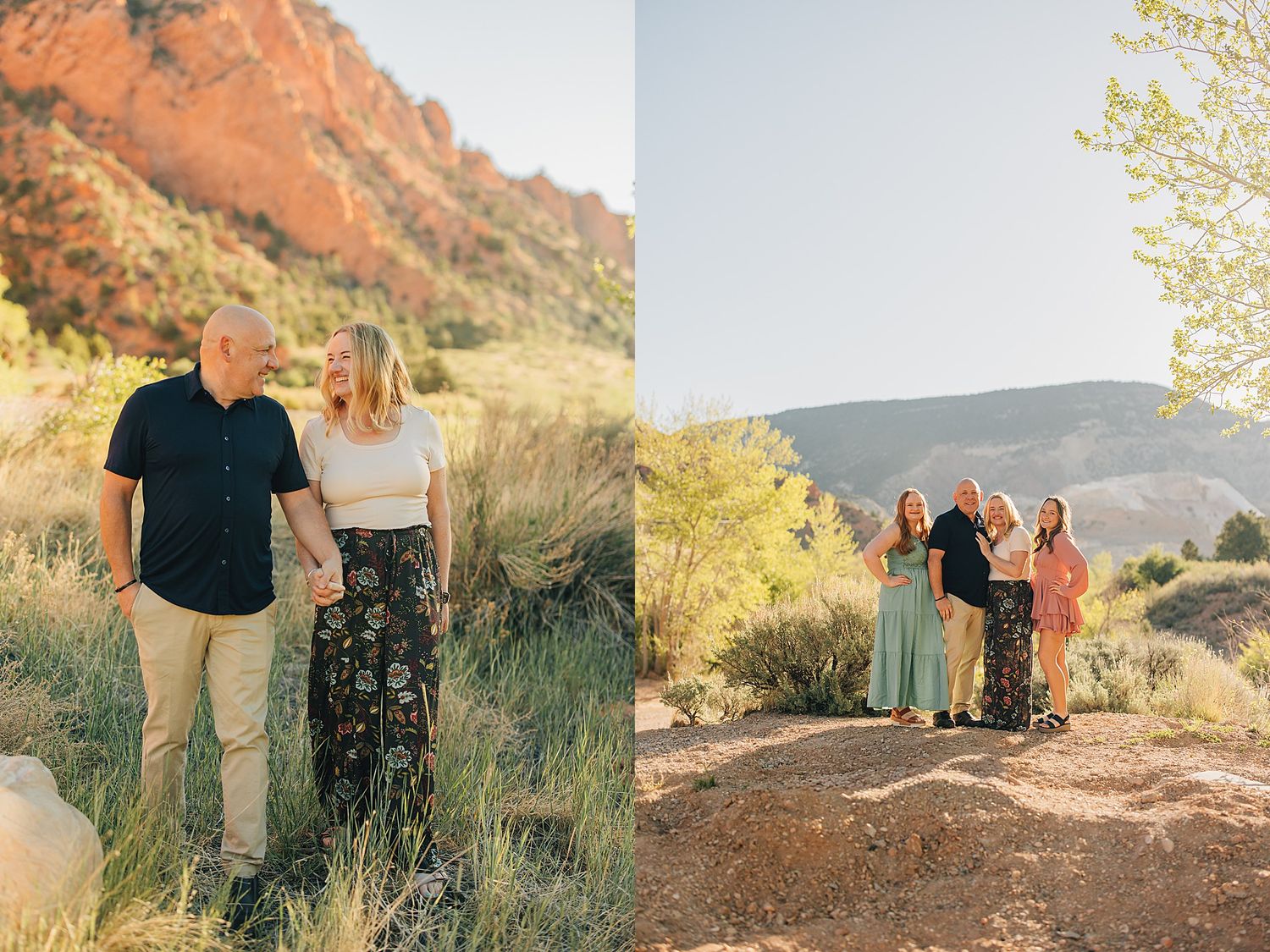 Couple walks hand-in-hand through desert landscape with red rock mountains, family group poses on trail at golden hour.