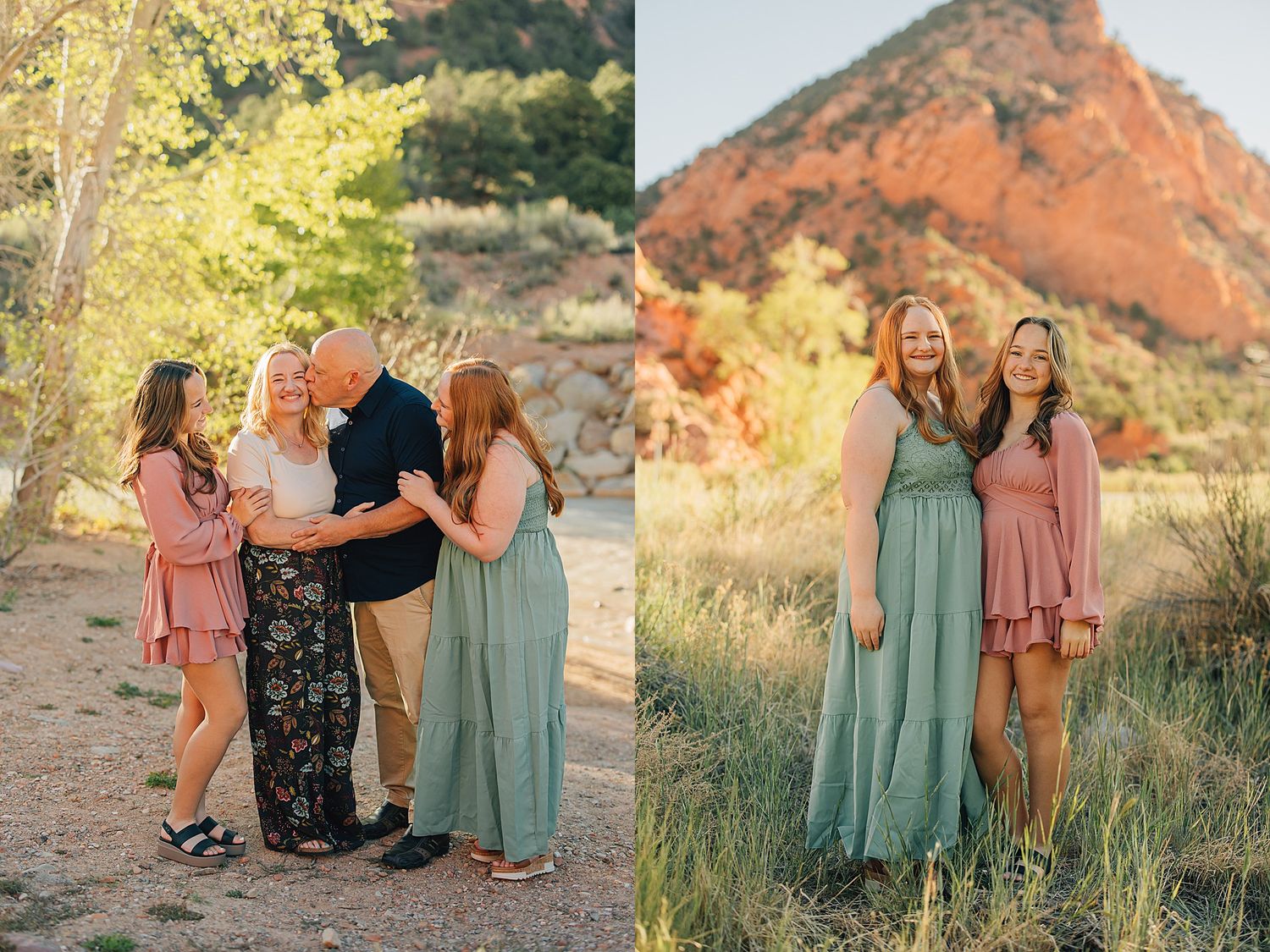 Family portrait session in red rock canyon, wearing coordinated sage green and pink outfits among desert landscape.