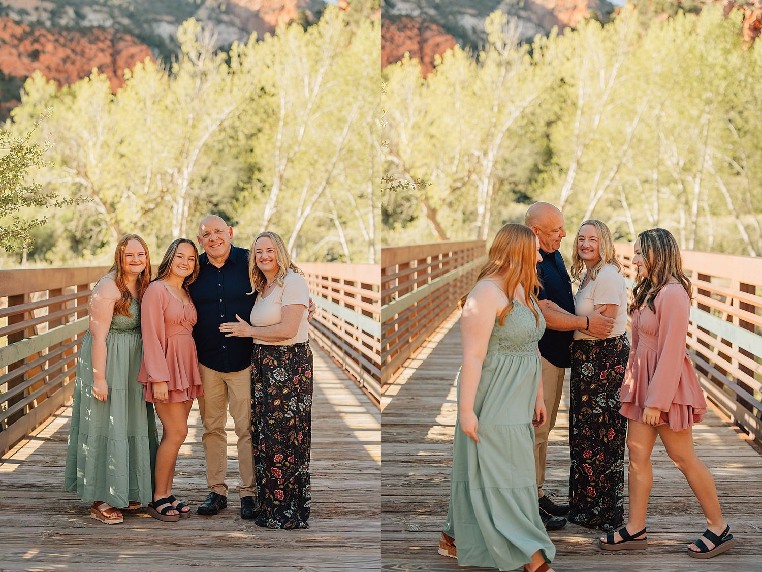 Family of four posing on a wooden bridge surrounded by autumn trees and red rock mountains during a golden hour photo session.