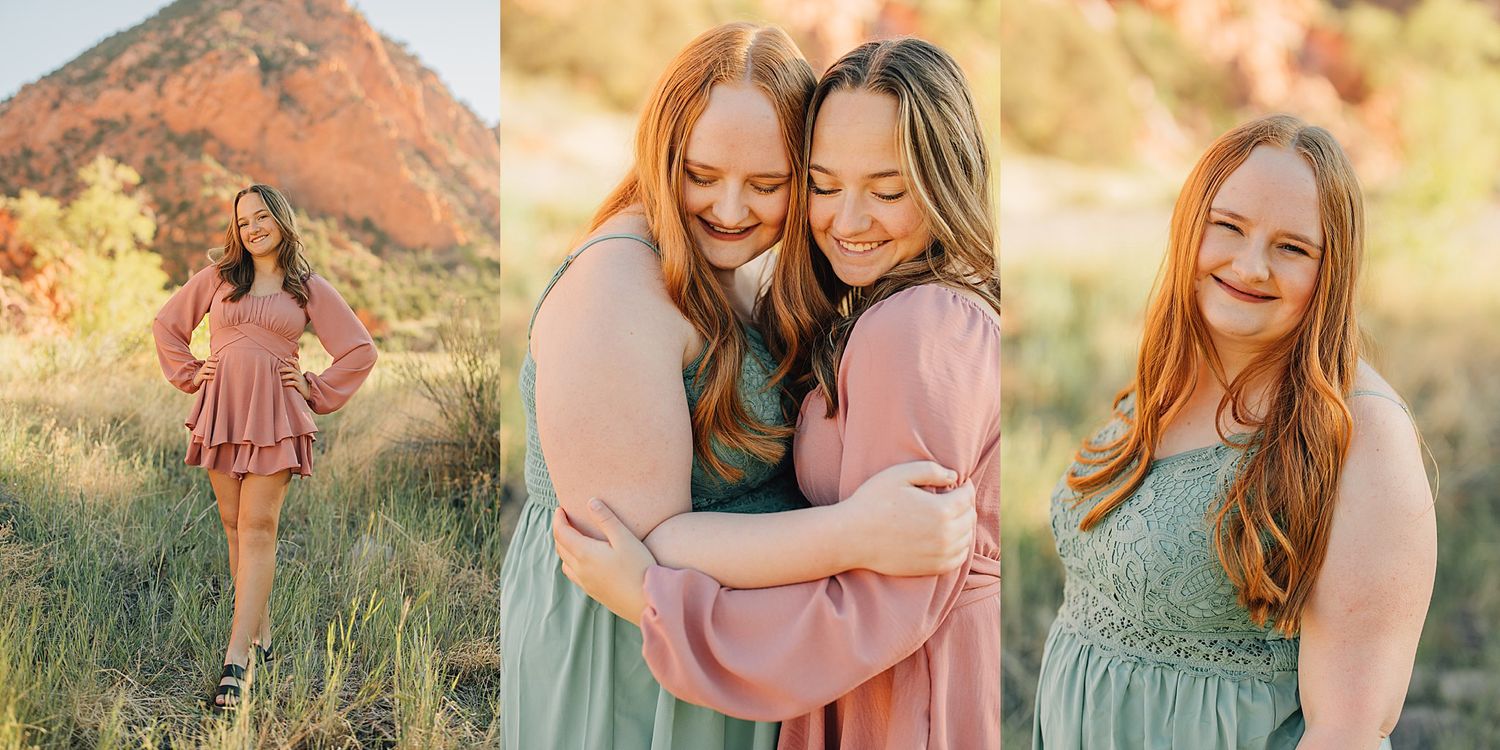 Two young women with red hair embrace warmly outdoors near a red rock formation during golden hour.