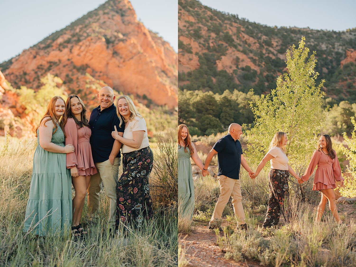 Family of four poses and walks hand-in-hand among red rock formations and green meadows during golden hour outdoor session.