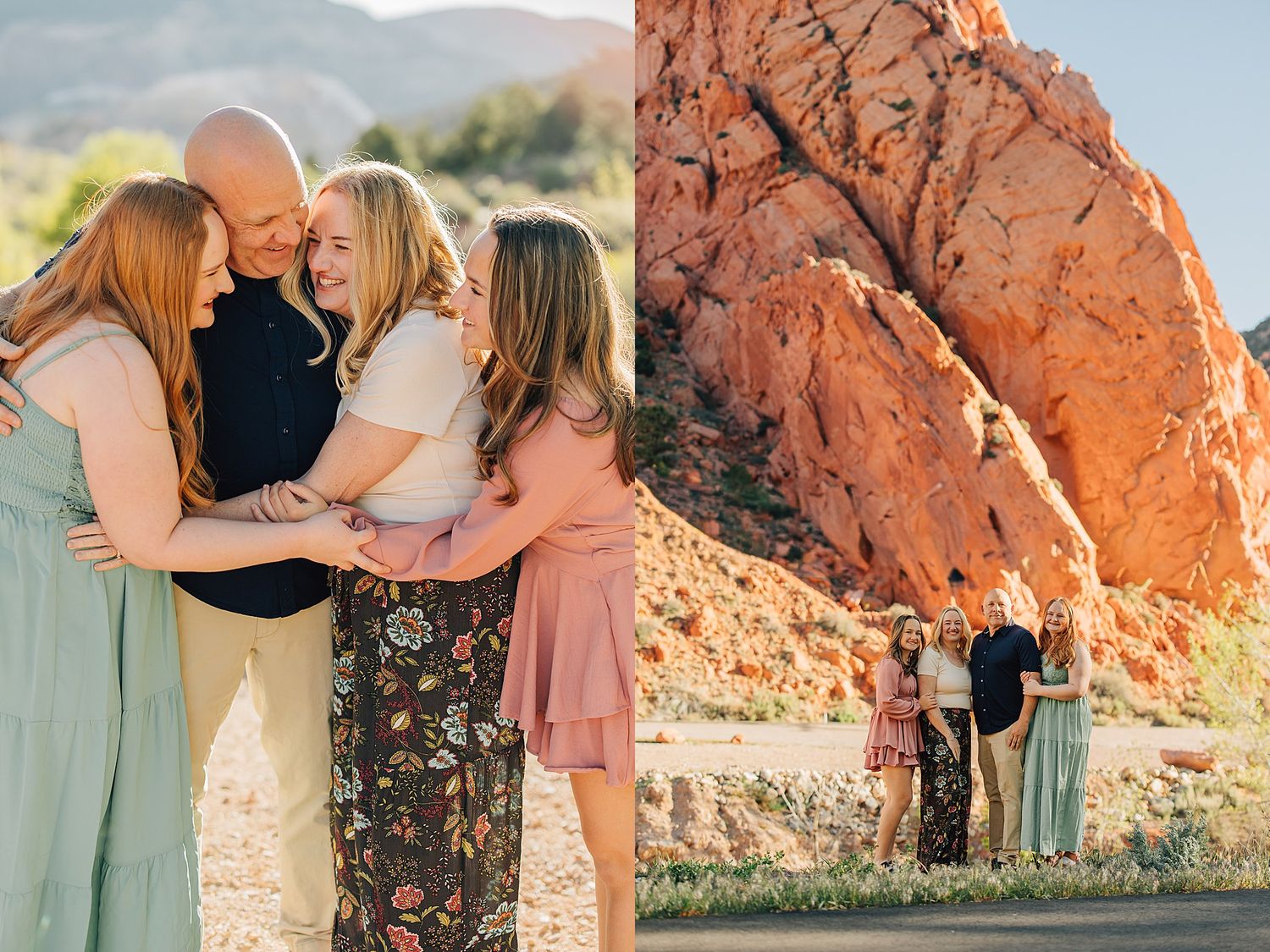 Family portrait session at Garden of the Gods, Colorado, with red rock formations and mountain backdrop.