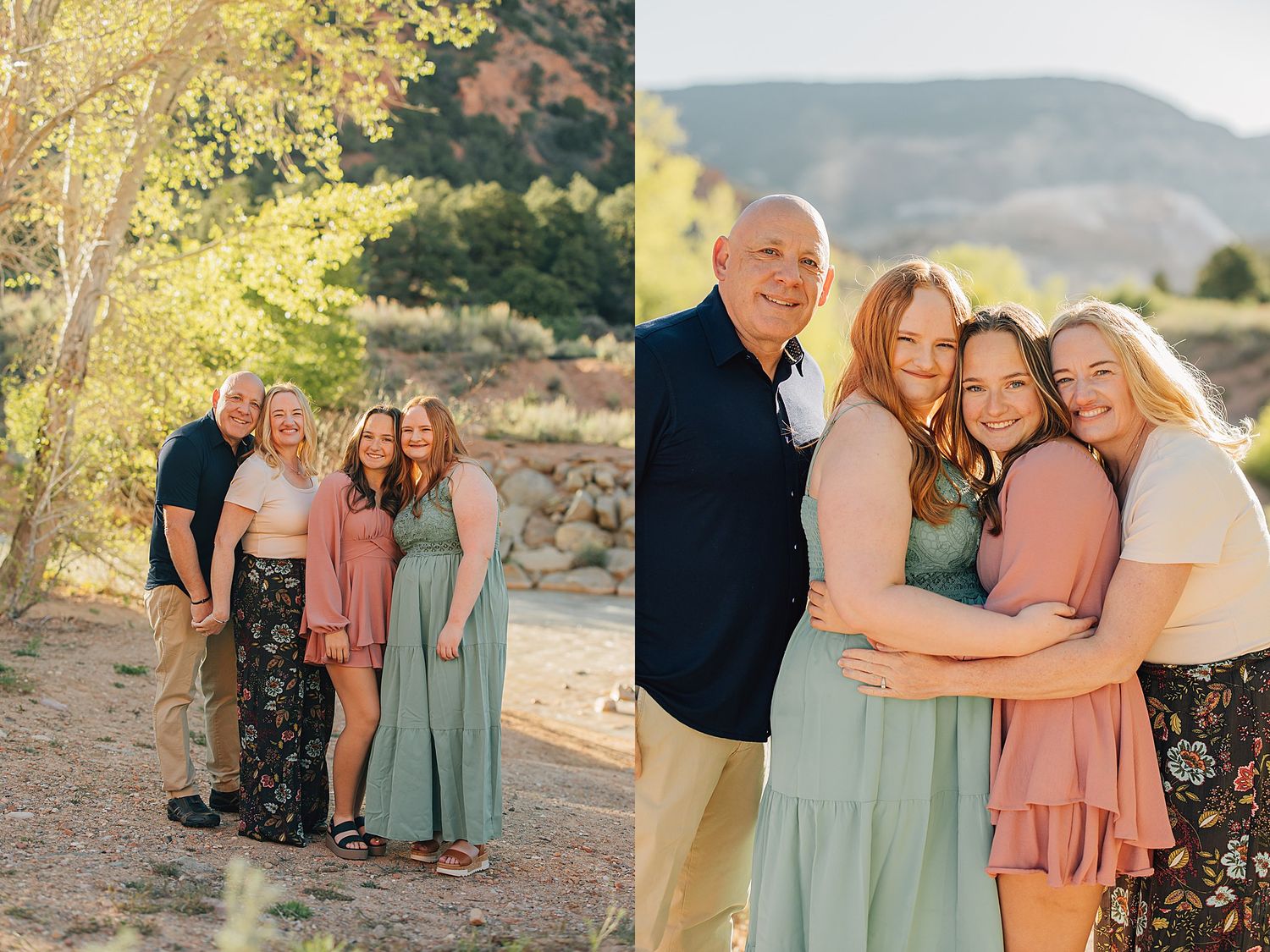 Family of five posing outdoors in coordinated outfits with colorful autumn foliage and mountains behind them.