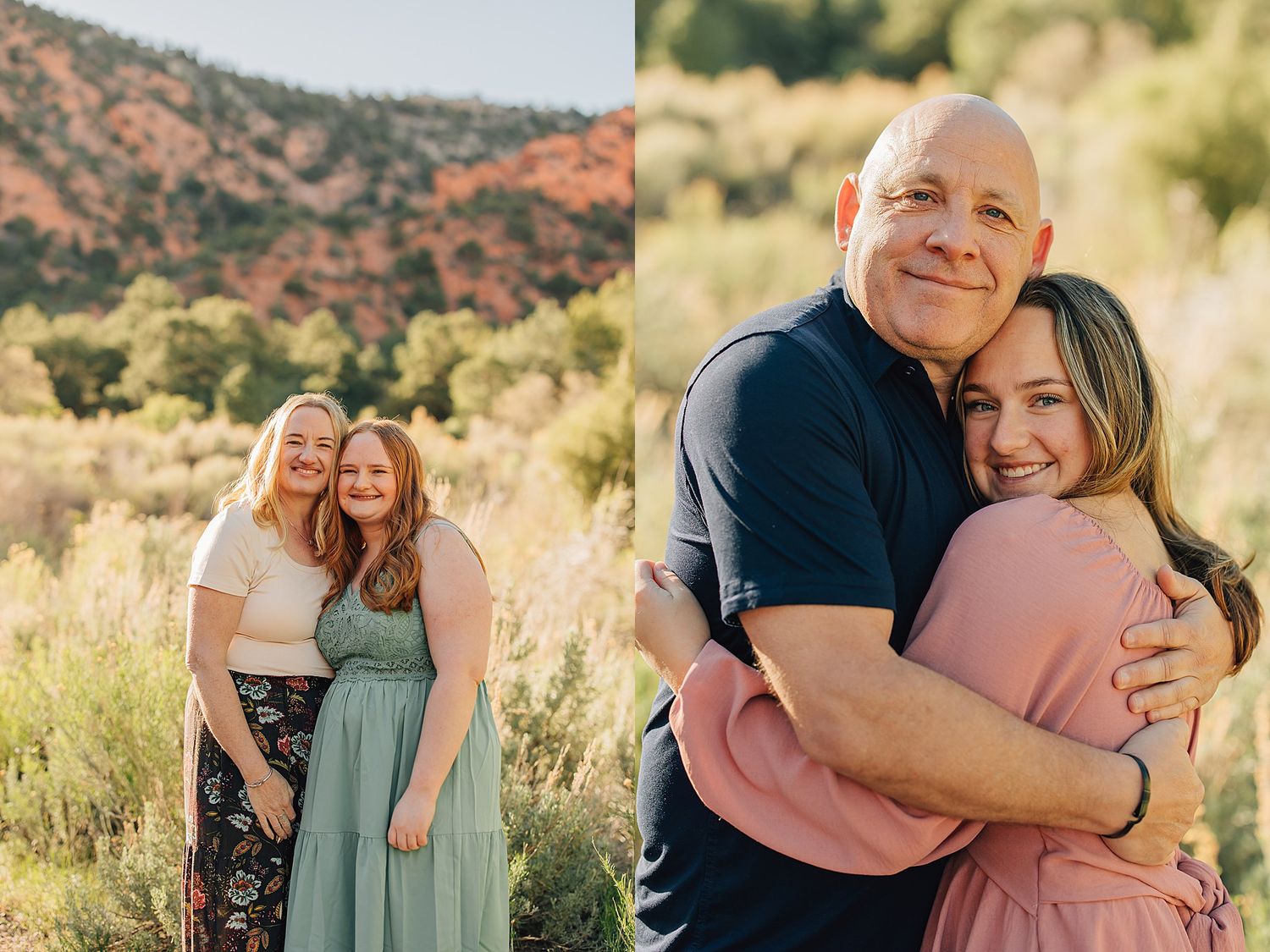Two women smile together outdoors near red rock mountains, beside a man hugging a young woman in a pink dress.