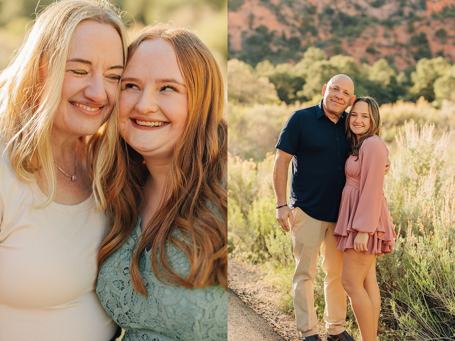 Two women smiling closely outdoors at golden hour, and a couple posing on a dirt path with red rock mountains behind them.