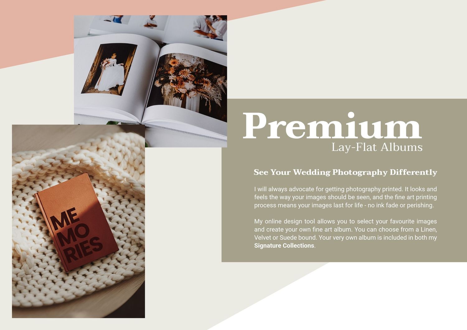 Premium lay-flat wedding photo album open to pages displaying elegant wedding photography prints on a white knitted blanket.