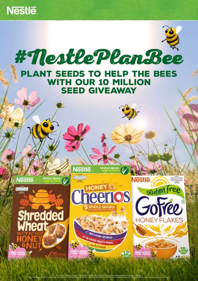 Nestle #NestlePlanBee campaign promoting a 10 million seed giveaway to help bees, featuring Shredded Wheat, Cheerios, and GoFree cereals.