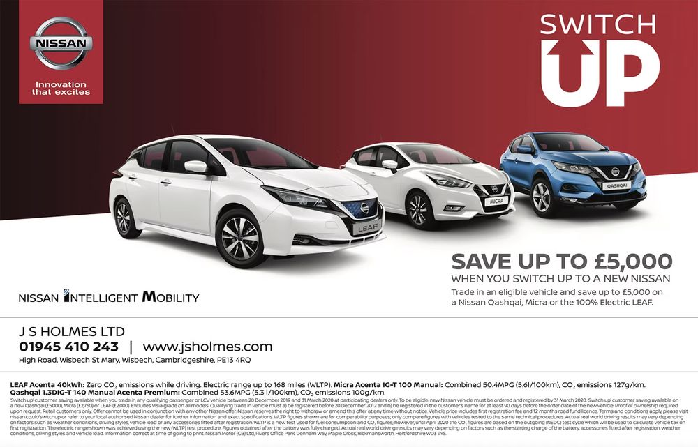 Nissan Intelligent Mobility advertisement offering up to 5000 pounds savings on new Nissan vehicles.