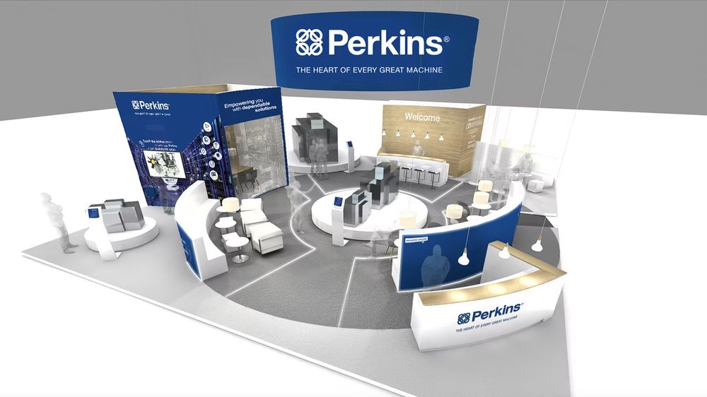 3D render of Perkins engine brand trade show exhibition booth with blue and white circular display layout.
