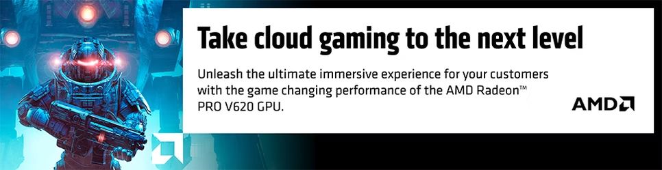 AMD Radeon PRO V620 GPU cloud gaming advertisement featuring a futuristic blue warrior character.