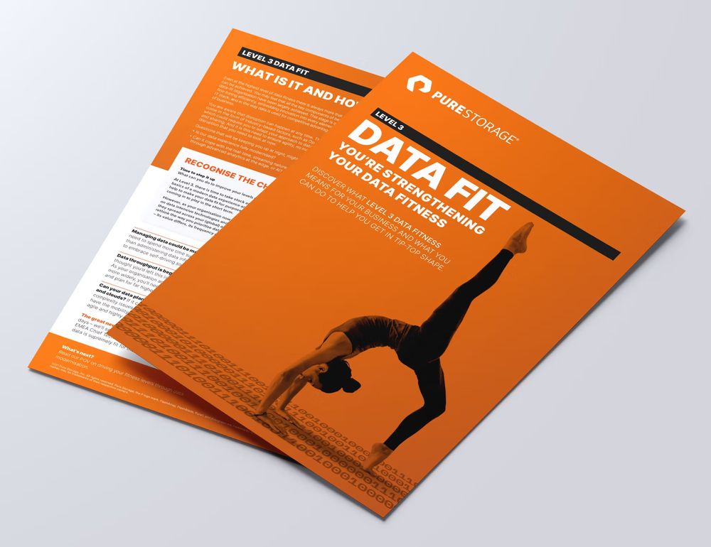 Bold orange Pure Storage Data Fit brochure with silhouette of gymnast, displayed as two overlapping pages.
