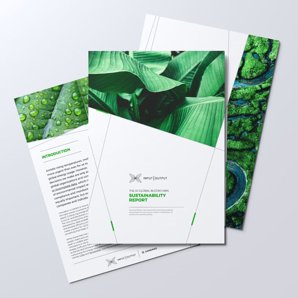 Professional green sustainability report booklet with tropical leaf cover design and multiple pages fanned out.