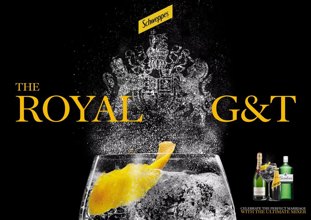 Schweppes Royal G&T advertisement featuring a gin and tonic glass with lemon peel on a black background.