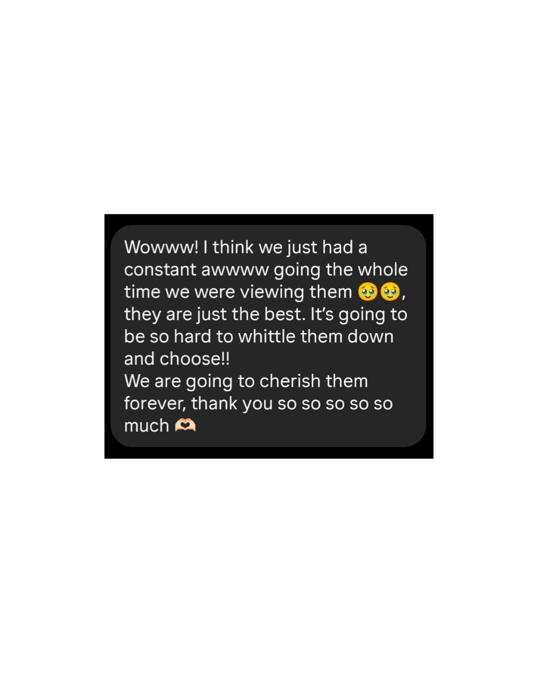 Screenshot of a heartfelt text message praising photos, expressing joy and gratitude for cherished memories.
