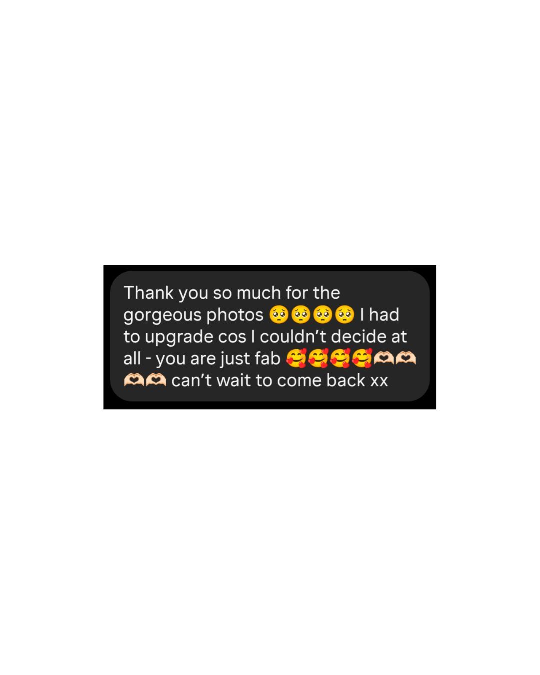 Screenshot of a positive customer review praising gorgeous photos, expressing delight and eagerness to return.