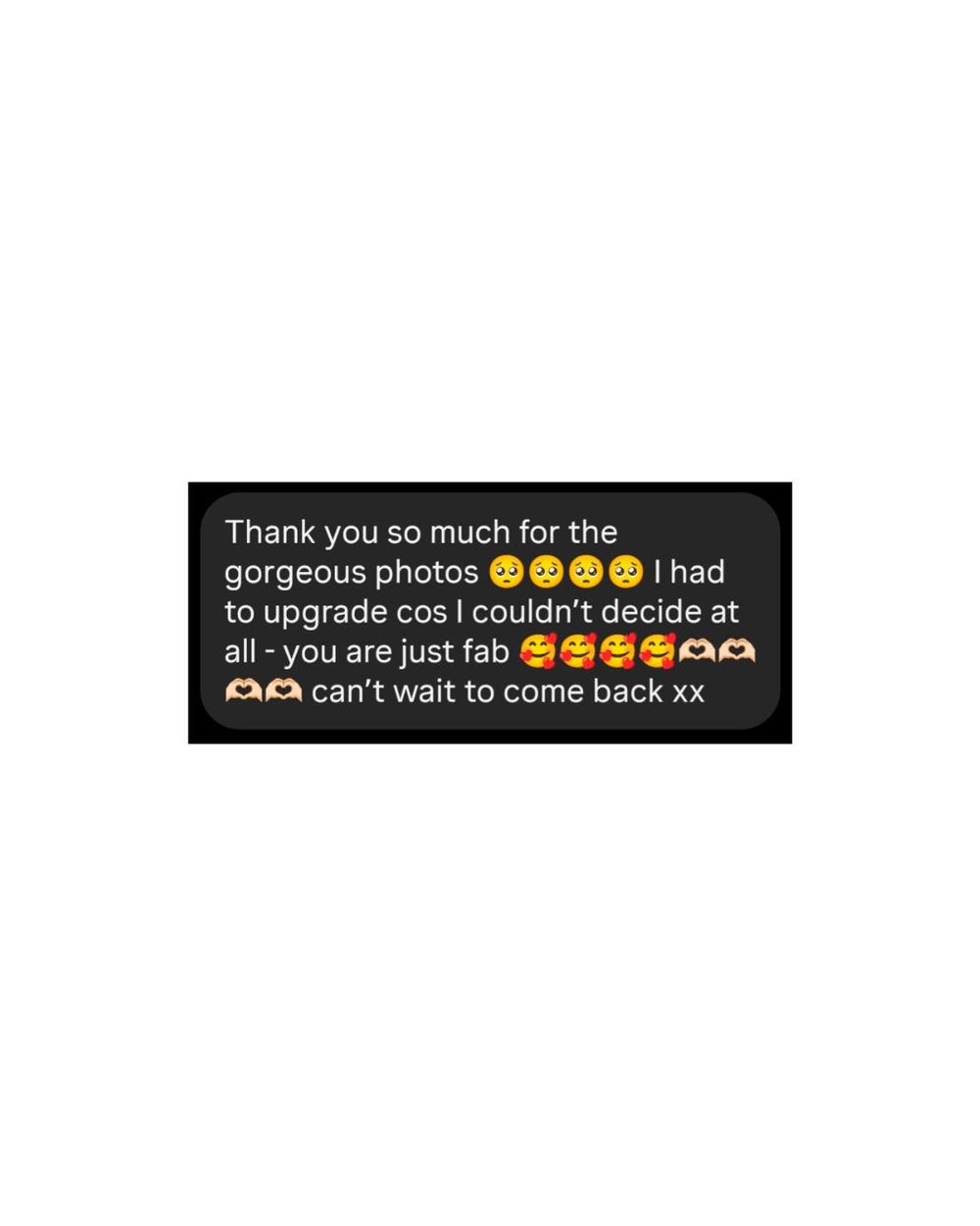 Screenshot of a positive customer review praising gorgeous photos, expressing delight and eagerness to return.