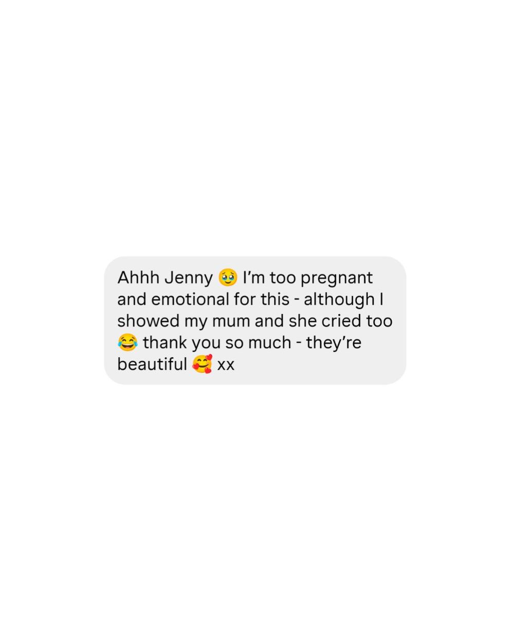 A heartfelt text message from a pregnant woman expressing emotional gratitude, mentioning her mum cried too upon seeing beautiful items.
