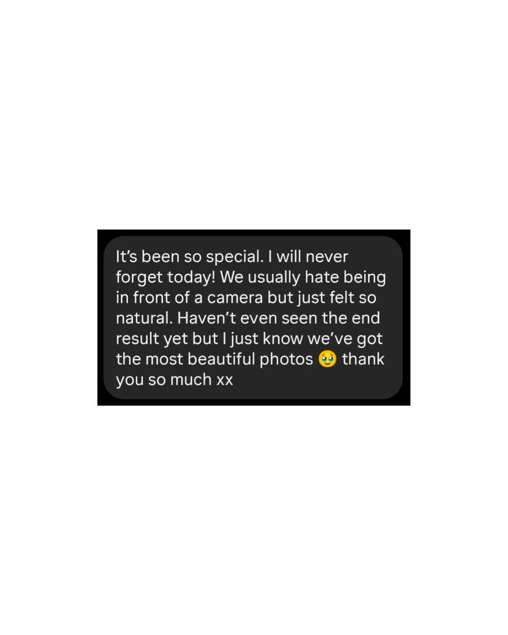 A glowing client text review praising a natural and special photography experience with beautiful results.