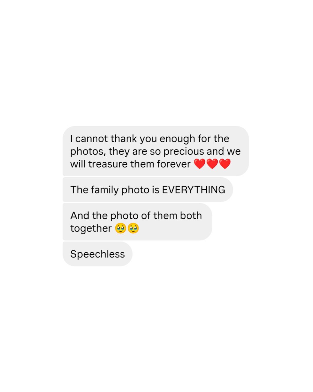 Screenshot of a heartfelt text message praising precious family photos, expressing gratitude and being speechless with joy.