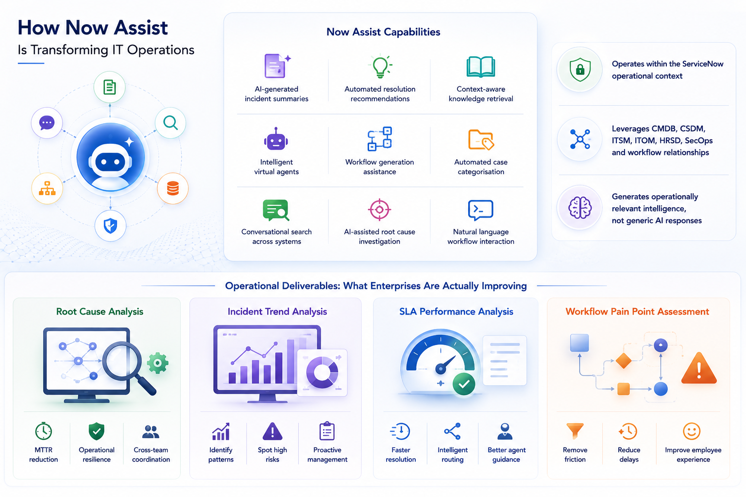 Infographic showing how Now Assist transforms IT operations with AI capabilities, root cause analysis, SLA performance, and workflow tools.
