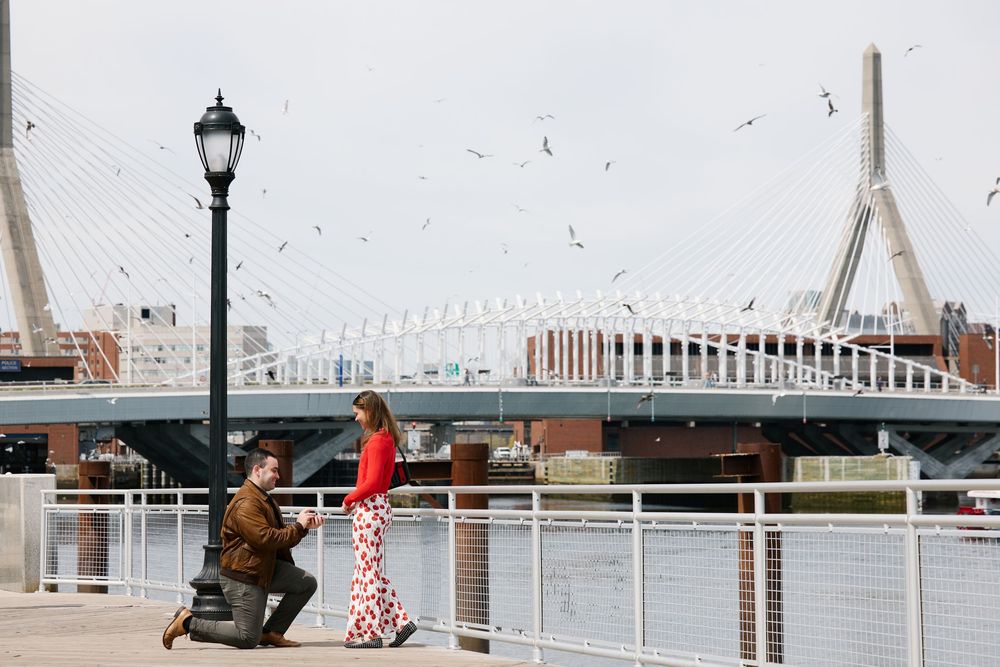 Man proposes to woman on waterfront boardwalk with Zakim Bridge backdrop in Boston.