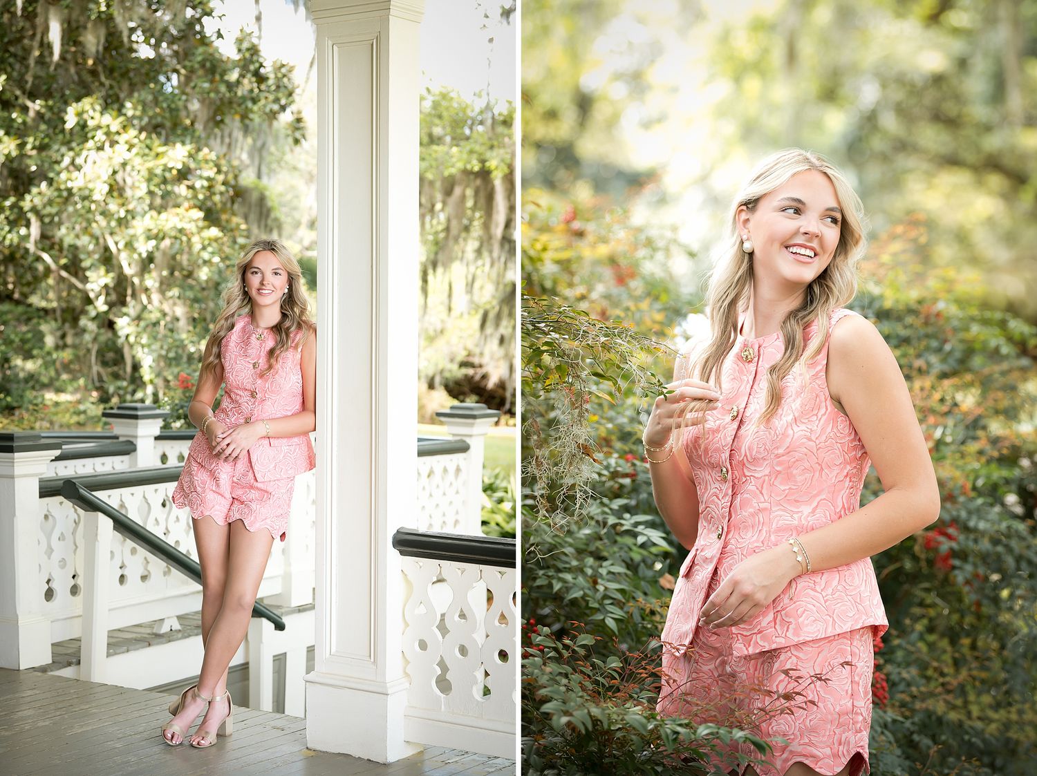 Blonde teen girl in pink lace outfit smiles on white porch surrounded by lush greenery for senior photos.