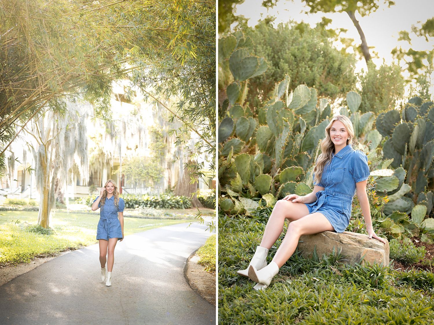 Blonde teen girl in denim romper poses on tree-lined path and near cactus garden for senior portraits.