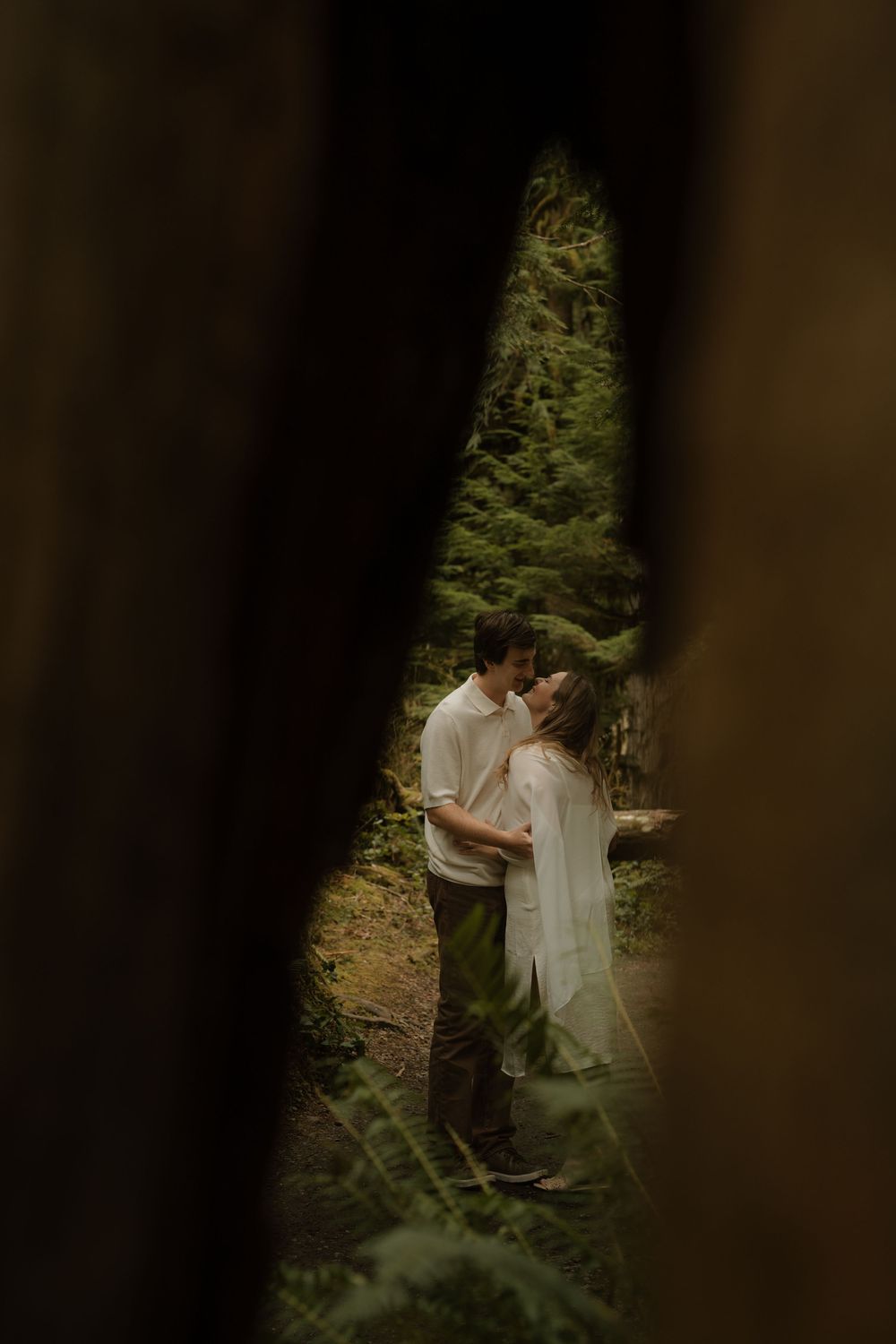 Couple sharing a romantic kiss in a lush green forest, framed through a narrow gap between two trees.