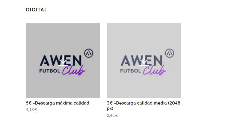 Dos opciones de descarga digital del logotipo del Awen Futbol Club, con un precio de 5 € para la máxima calidad y de 3 € para la media