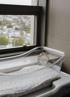 Newborn hospital bassinet with personalized wooden name tag near window with city view below.