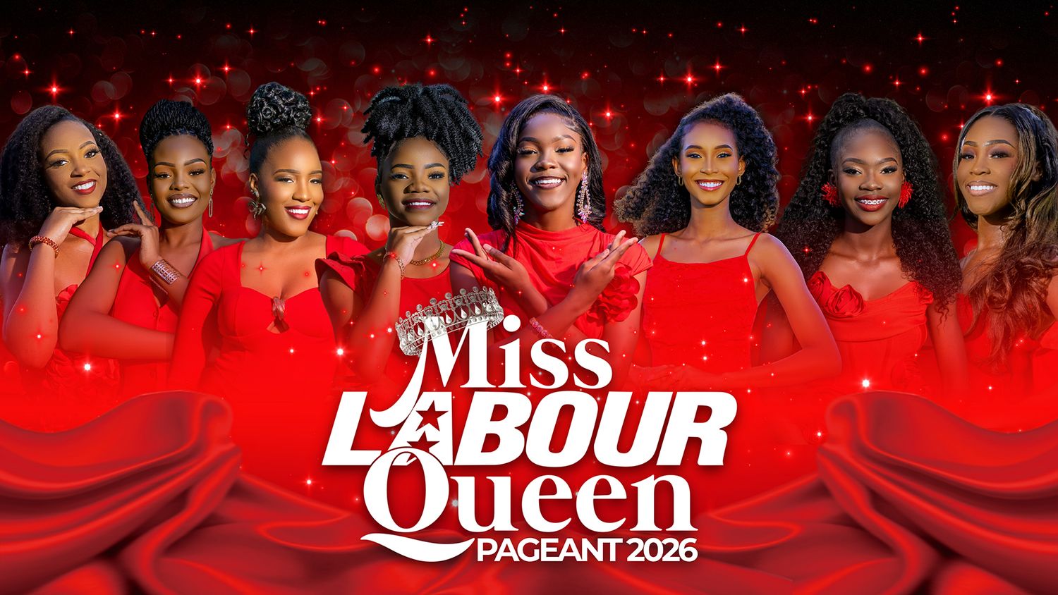 The  eight Miss Labour Queen Pageant 2026 contestants dressed in red against a sparkling red background, with the pageant title Infront.