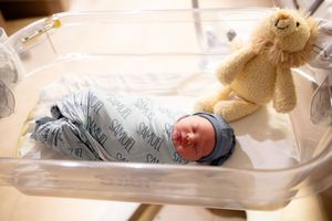 Newborn baby Samuel sleeping in hospital bassinet with personalized name swaddle and stuffed bunny toy.