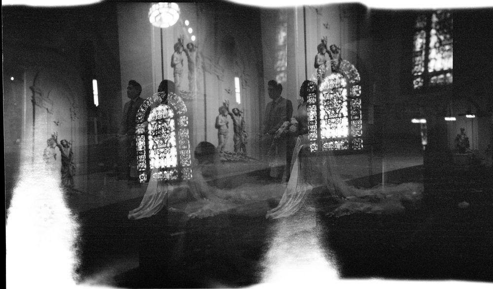 film double exposure photo at a chruch wedding