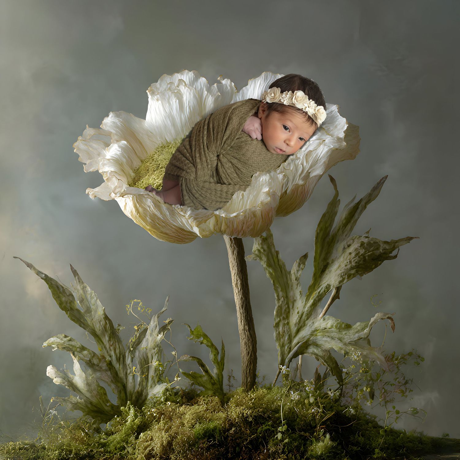 A series of white poppies growing on mossy ground captured in moody atmospheric lighting against a dark background.
