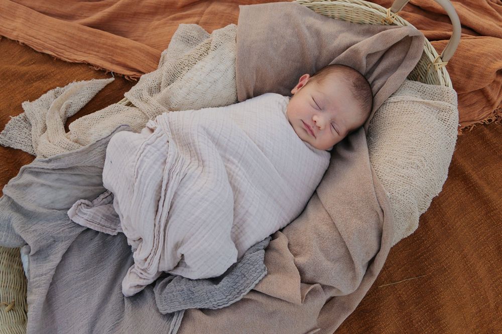A sleeping newborn swaddled in soft gray fabric lies peacefully in a cozy basket on a rust-colored blanket.