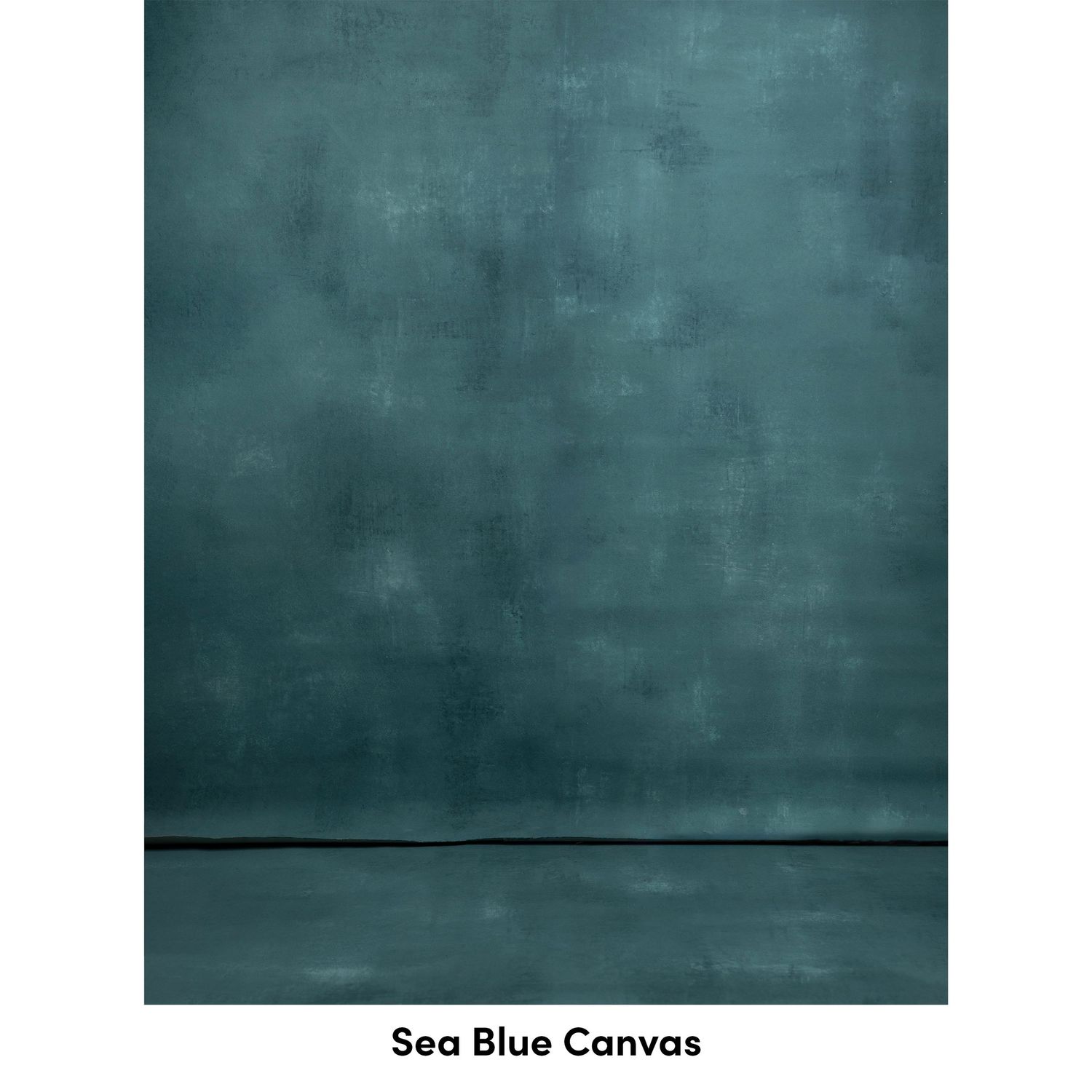 Abstract painting in sea blue tones with a dark horizontal line dividing the composition creates a moody seascape effect.
