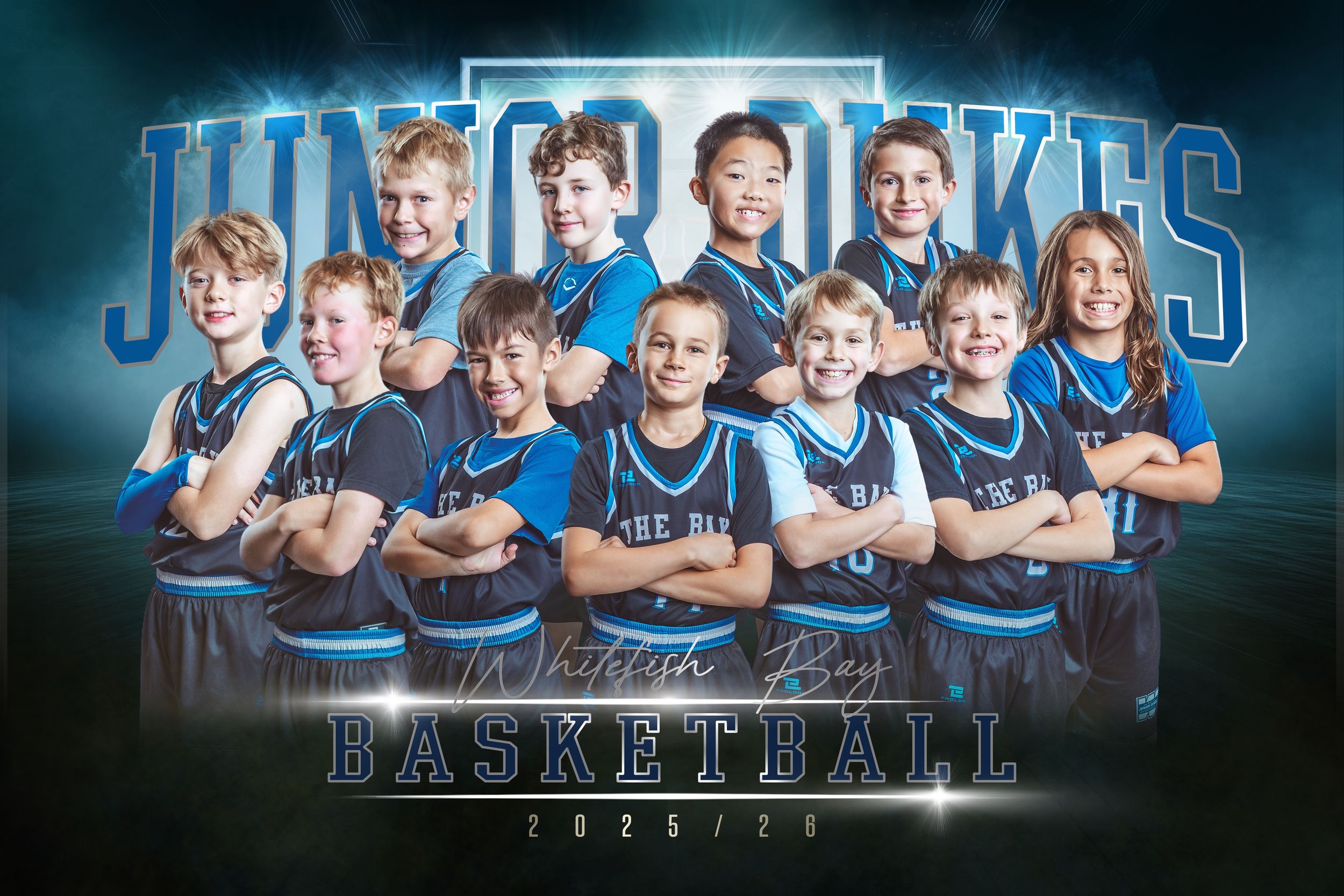 Basketball team photo collage with players in blue jerseys against dark background with dramatic lighting effects.