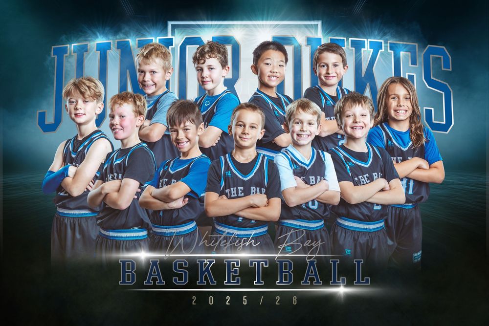 Basketball team photo collage with players in blue jerseys against dark background with dramatic lighting effects.