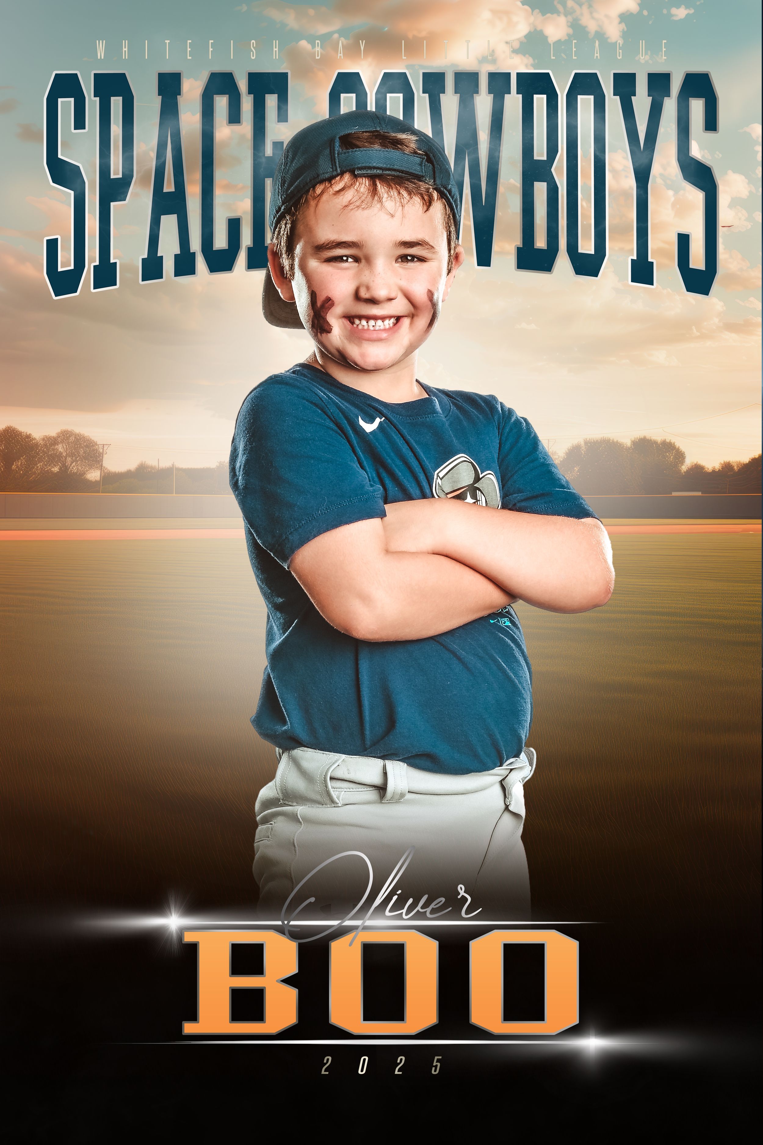 Sports composite image showing youth baseball player in blue uniform against dramatic sunset sky background.