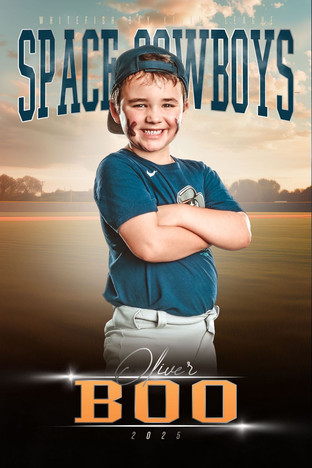 Sports composite image showing youth baseball player in blue uniform against dramatic sunset sky background.