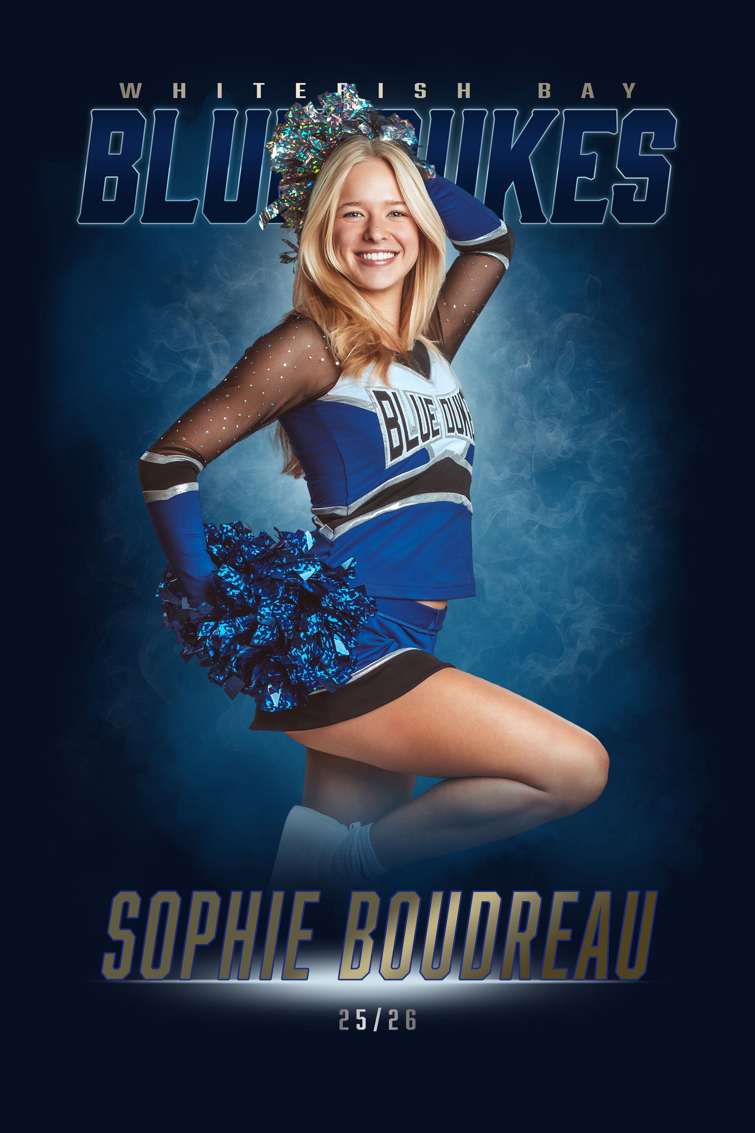 A cheerleader in blue and white uniform performs a pose against a dark blue background with Whitefish Bay Blue Dukes text.